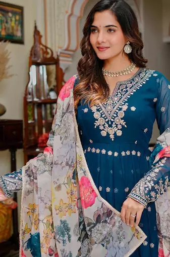 Teal Color Thread With Sequence Work Georgette Gown Bottom Set