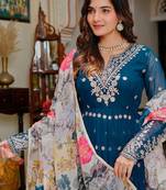 Teal Color Thread With Sequence Work Georgette Gown Bottom Set