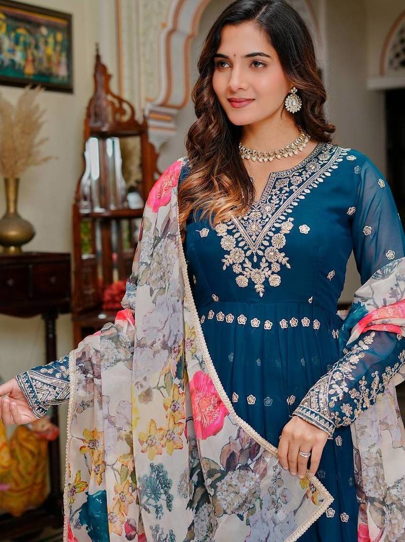 Teal Color Thread With Sequence Work Georgette Gown Bottom Set