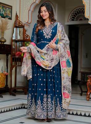 Teal Color Thread With Sequence Work Georgette Gown Bottom Set 2