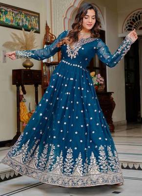 Teal Color Thread With Sequence Work Georgette Gown Bottom Set 3