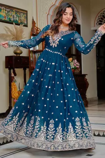 Teal Color Thread With Sequence Work Georgette Gown Bottom Set