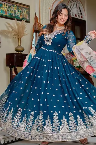 Teal Color Thread With Sequence Work Georgette Gown Bottom Set