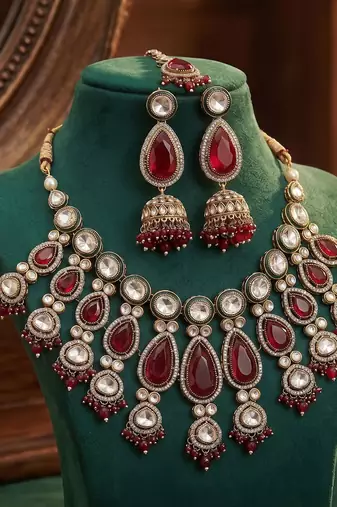 Maroon color kundan necklace set