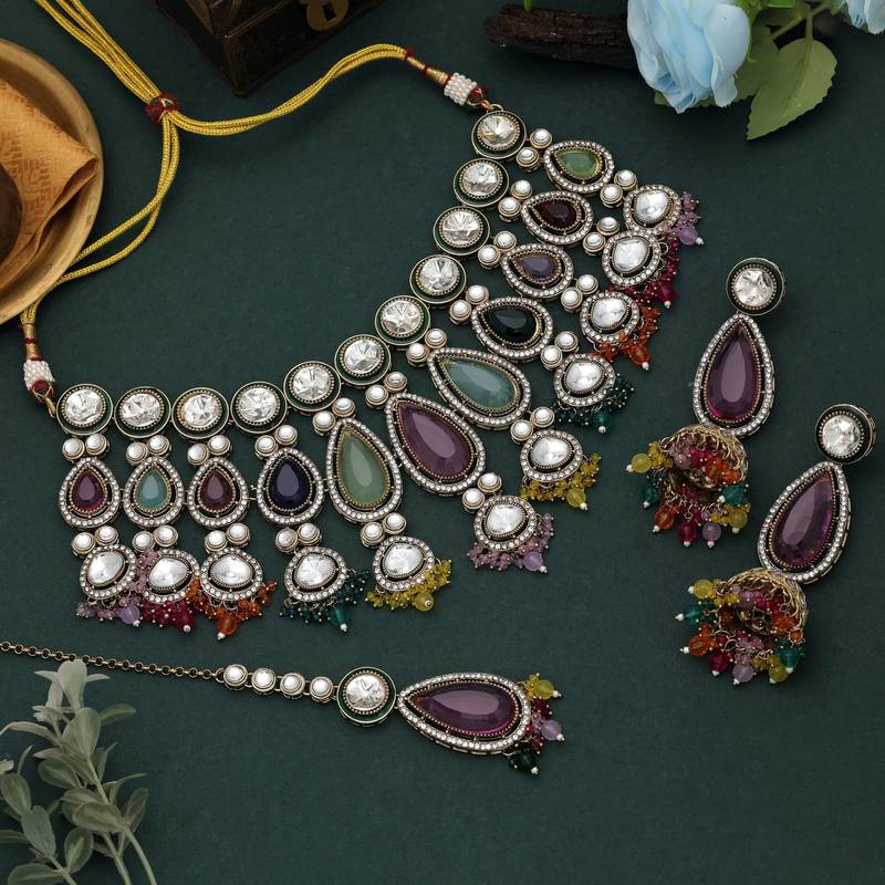 Multi color kundan necklace set