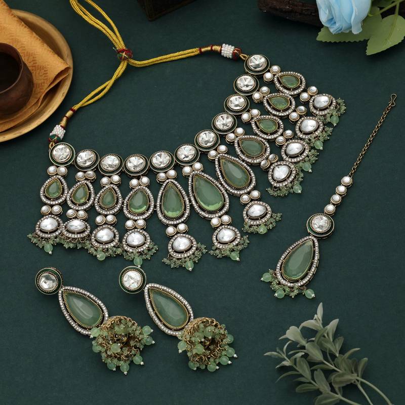 Pista green color kundan necklace set