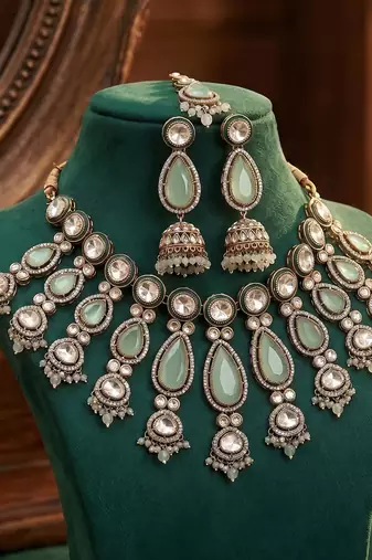 Pista green color kundan necklace set