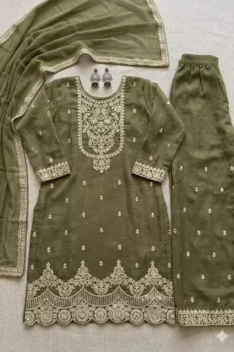 Light olive  embroidered sharara set