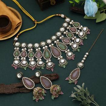Pink & pista green color kundan necklace set 1