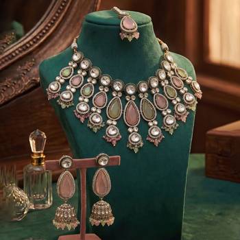Pink & pista green color kundan necklace set 2