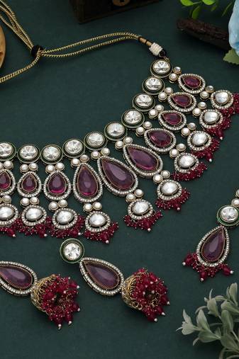 Rani color kundan necklace set