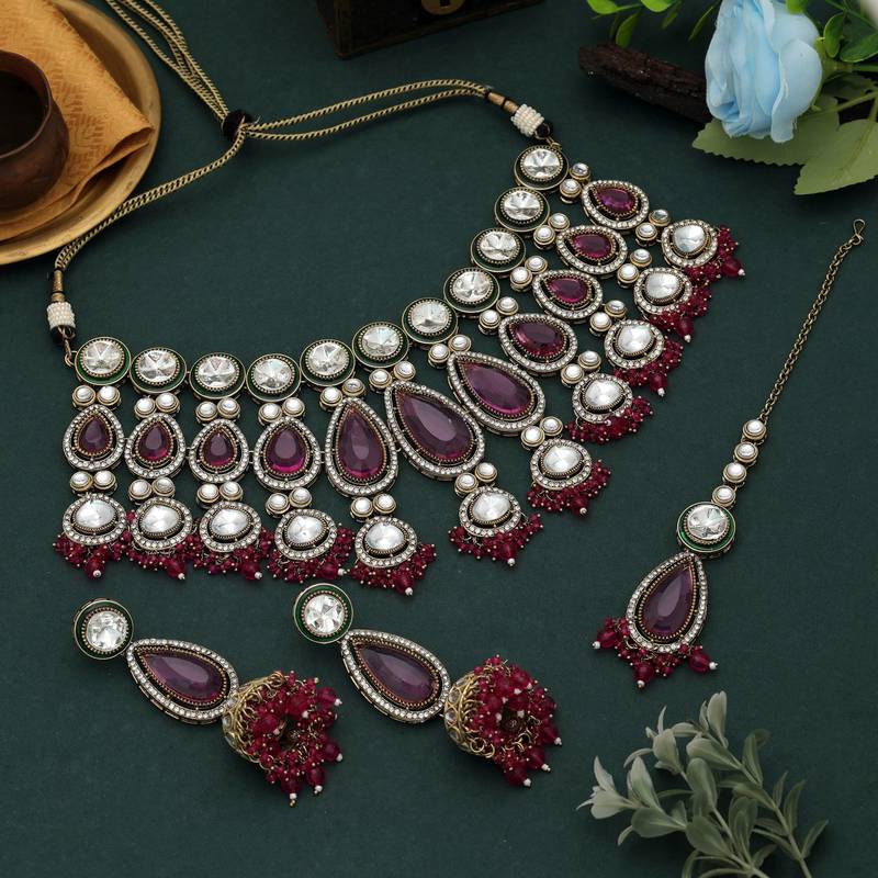 Rani color kundan necklace set