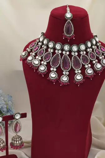 Rani color kundan necklace set