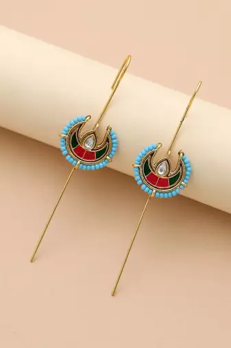 Rani & green color meena work oxidised ear cuff