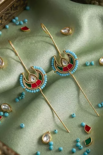Rani & green color meena work oxidised ear cuff