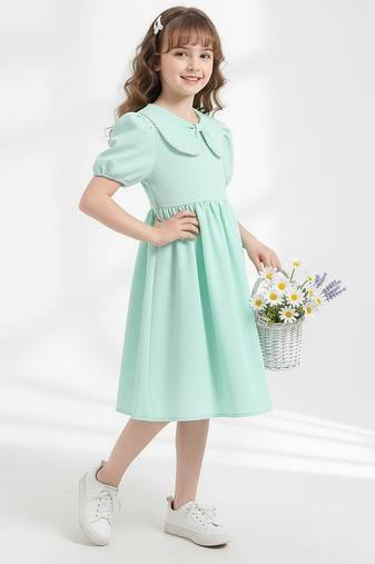 Mint green solid plain cotton fabric a-line casual girls dress
