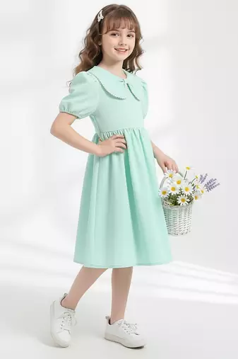 Mint green solid plain cotton fabric a-line casual girls dress