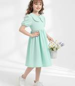 Mint green solid plain cotton fabric a-line casual girls dress