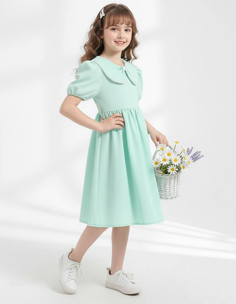 Mint green solid plain cotton fabric a-line casual girls dress