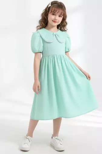 Mint green solid plain cotton fabric a-line casual girls dress