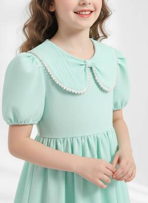 Mint green solid plain cotton fabric a-line casual girls dress 3
