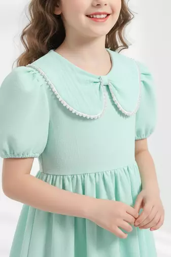 Mint green solid plain cotton fabric a-line casual girls dress