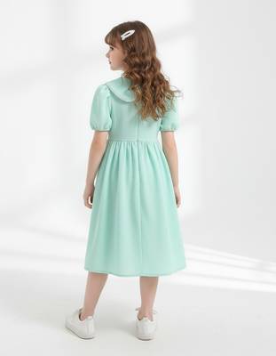 Mint green solid plain cotton fabric a-line casual girls dress 4