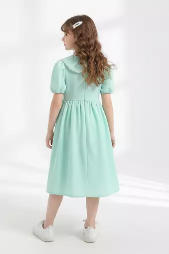 Mint green solid plain cotton fabric a-line casual girls dress