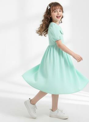 Mint green solid plain cotton fabric a-line casual girls dress 5