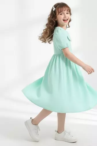 Mint green solid plain cotton fabric a-line casual girls dress