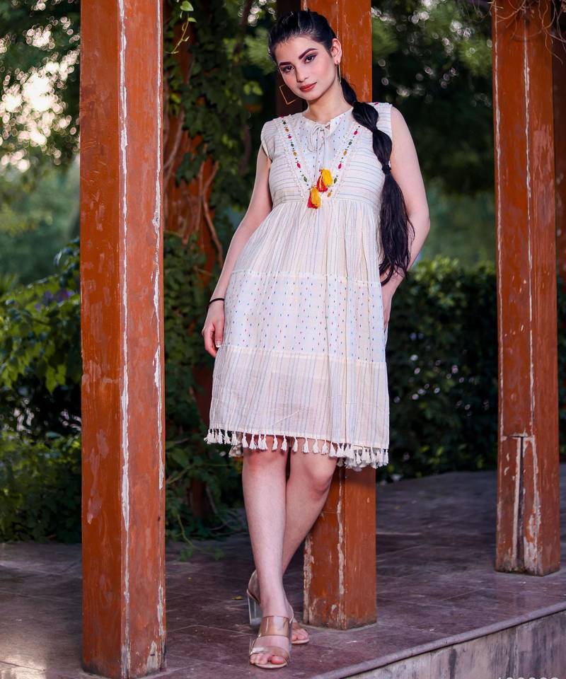 Hand work khadi cotton short dress