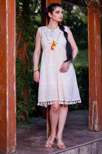 Hand work khadi cotton short dress