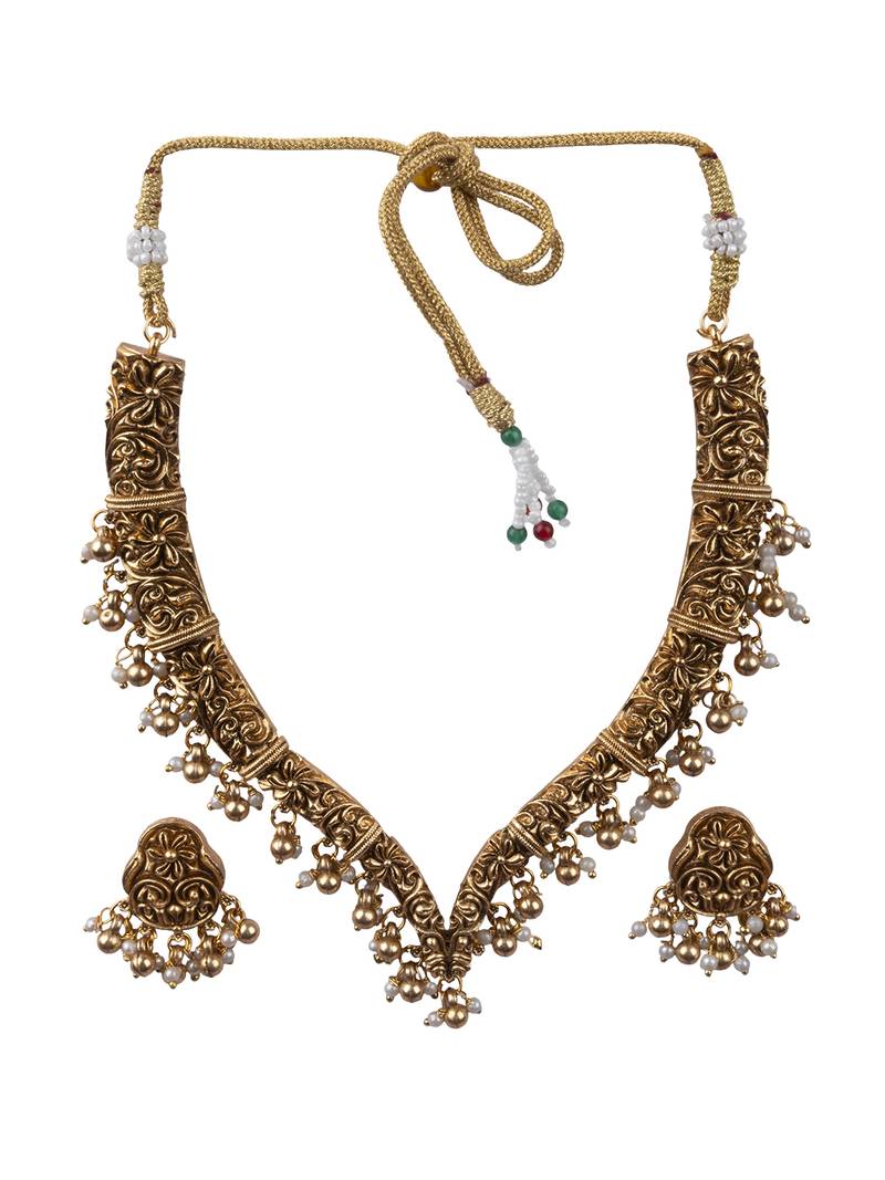 Gold plated pearl temple necklace se