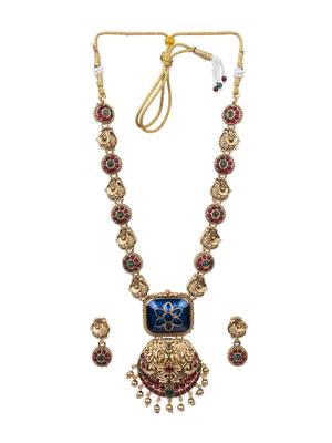 Temple jewelry set antique blue gold plated south indian style necklace set 1
