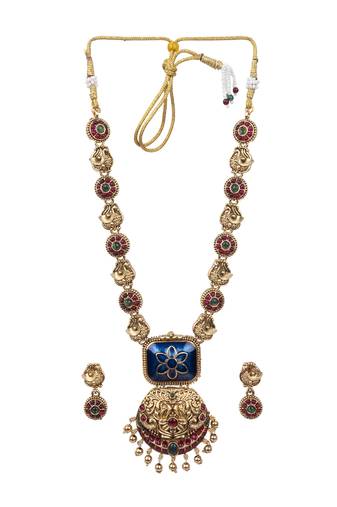 Temple jewelry set antique blue gold plated south indian style necklace set