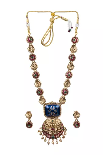 Temple jewelry set antique blue gold plated south indian style necklace set