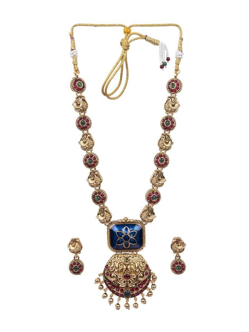 Temple jewelry set antique blue gold plated south indian style necklace set