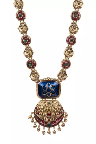 Temple jewelry set antique blue gold plated south indian style necklace set