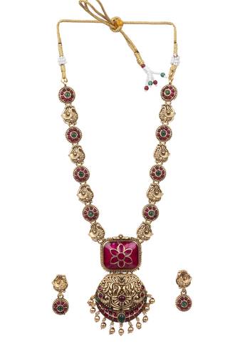 Temple jewelry set antique red gold plated south indian style necklace set