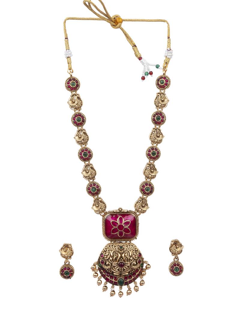 Temple jewelry set antique red gold plated south indian style necklace set