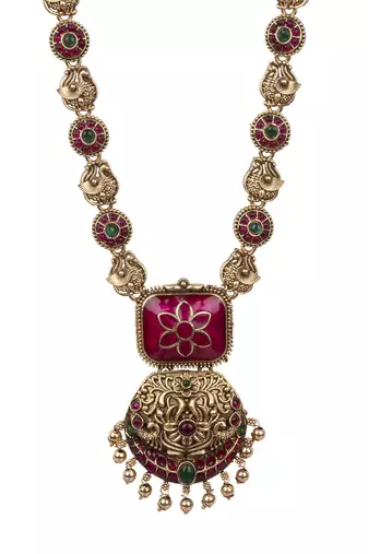 Temple jewelry set antique red gold plated south indian style necklace set