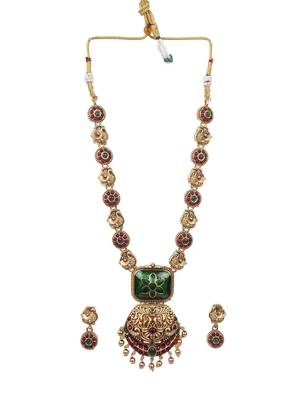 Temple jewelry set antique green gold plated south indian style necklace set 1