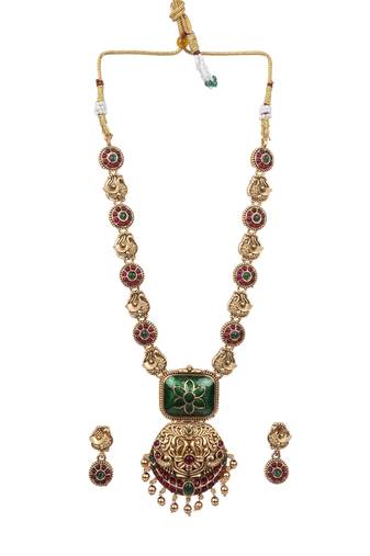 Temple jewelry set antique green gold plated south indian style necklace set