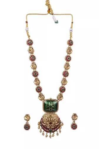 Temple jewelry set antique green gold plated south indian style necklace set
