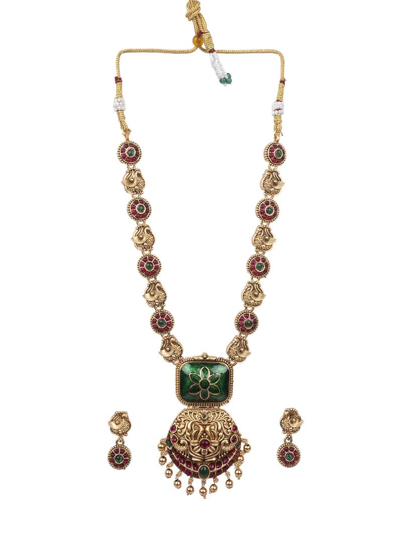 Temple jewelry set antique green gold plated south indian style necklace set
