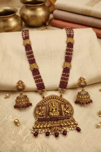 Temple design maroon necklace set for women