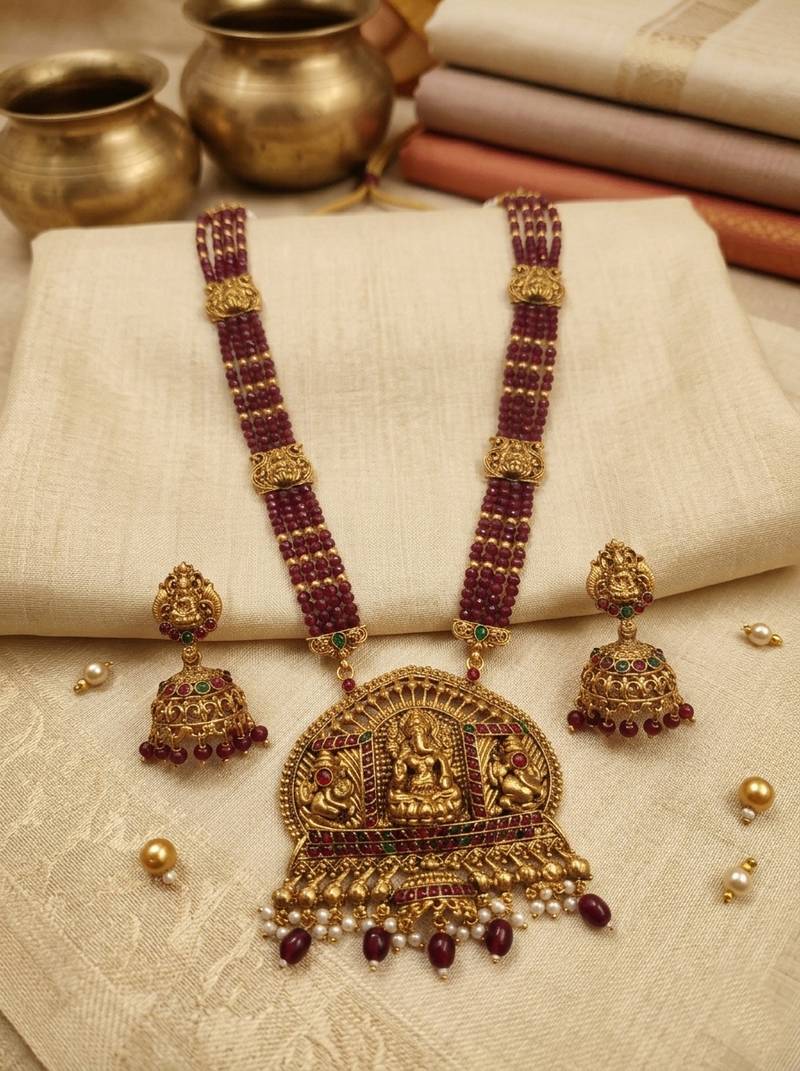 Temple design maroon necklace set for women