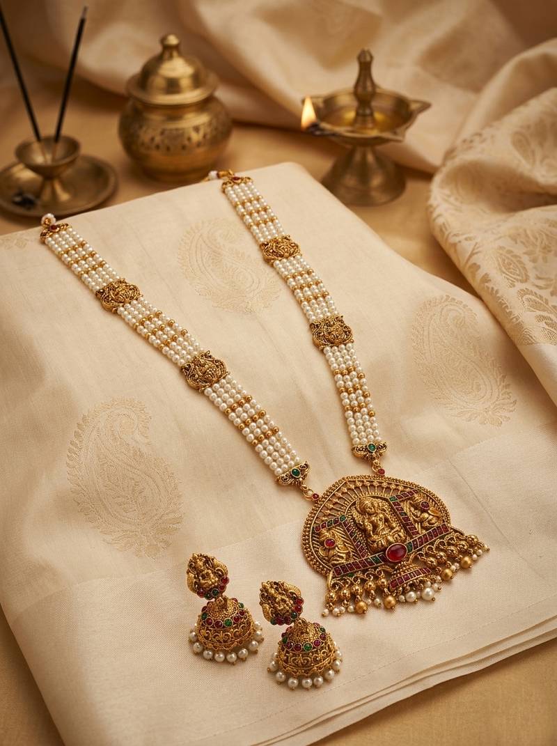 Temple design white necklace set for women
