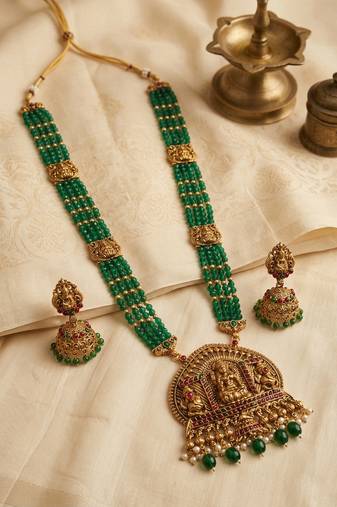 Temple design green necklace set for women