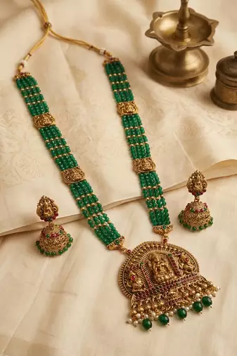 Temple design green necklace set for women